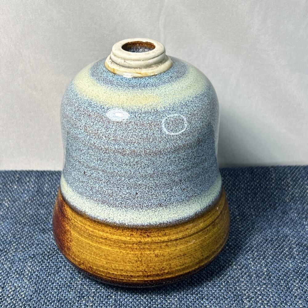 Studio Art Pottery Oil Lamp Blue Glazed Signed 5” Threaded Neck bud vase